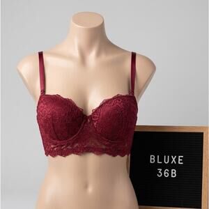 Bluxe 36B Bra Burgundy Red Floral Lace Longline Demi Underwire Comfort